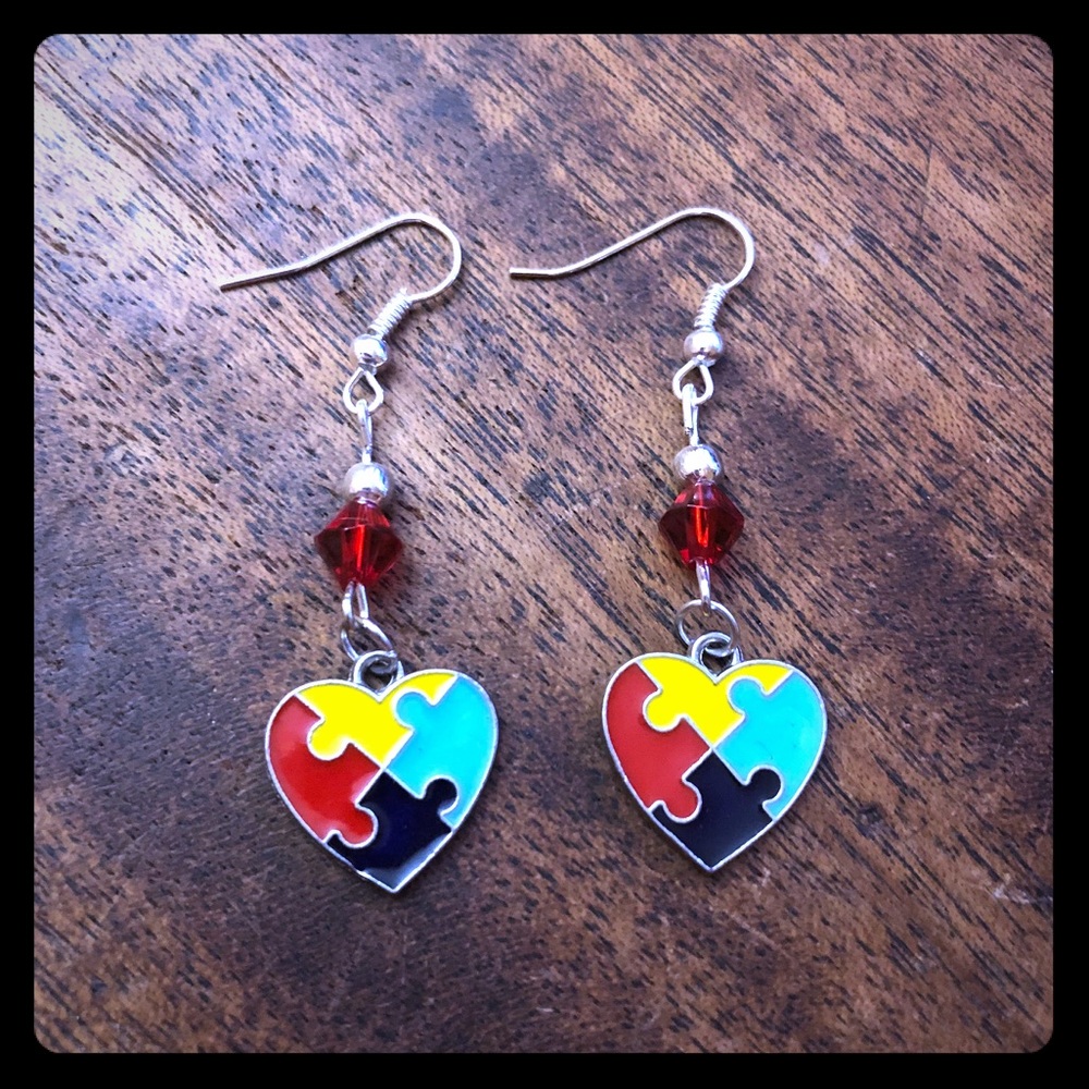 Red Beaded Puzzle Heart Earrings